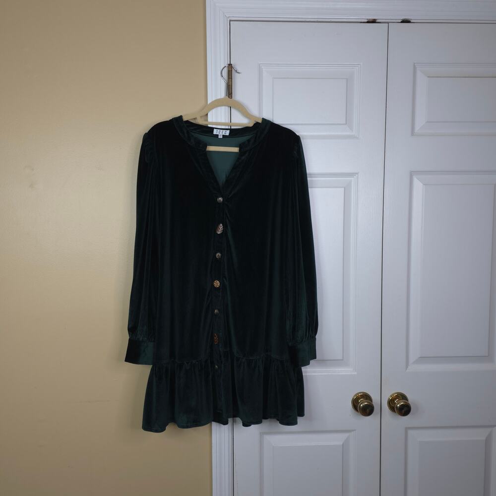 TCEC Forest Green Velvet Button Front Babydoll Mini Dress CD03859 Large